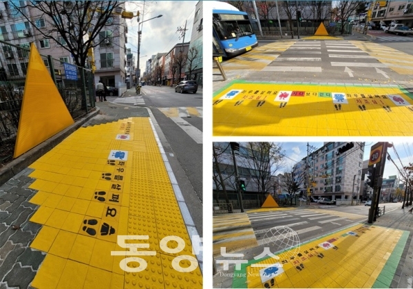 서울 송파구는 구의 캐릭터인 송송파파를 옐로카펫에 적용해 어린이들이 더욱 친근하게 옐로카펫안에 설 수 있도록 디자인을 새롭게 고안했다. (사진=송파구청 제공)